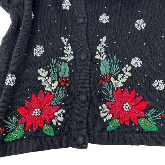 Victoria Jones Embellished Poinsettia Snow Flake Cardigan Removable Fur Collar M - Picture 8 of 14